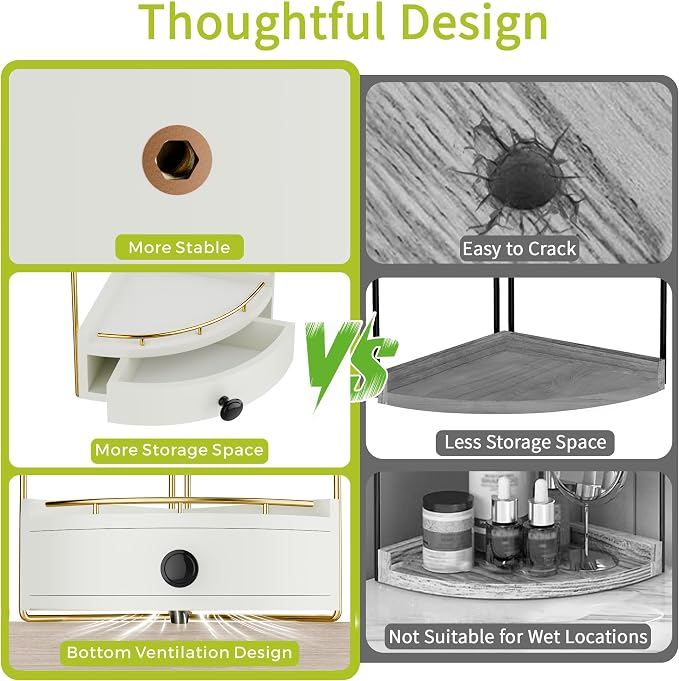 2-Tier Corner Bathroom Counter Organizer with Drawer, White Gold | Embedded Screw Holes, Wooden Countertop Organizers, Space-Saving, Bottom Ventilation Design, Counter Shelf for Vanity