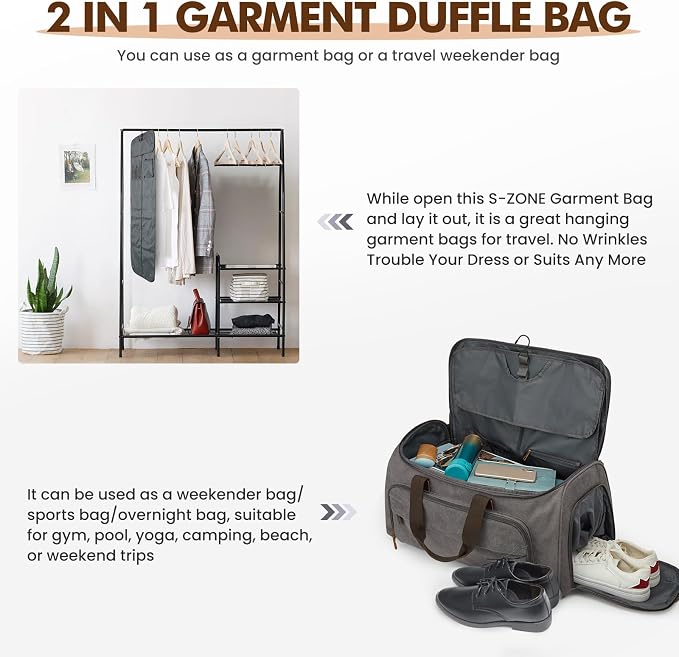 S-ZONE Carry On Garment Bag for Travel Convertible Garment Duffle Bag Suit Bags for Men Women Travel 2 in 1 Hanging Suitcase Business Travel Bag with Toiletry Bag, Gery, 50l | 2-in-1 Hanging Suitcase, with Toiletry Bag, Wet/Dry Pockets, Shoe Compartmen...
