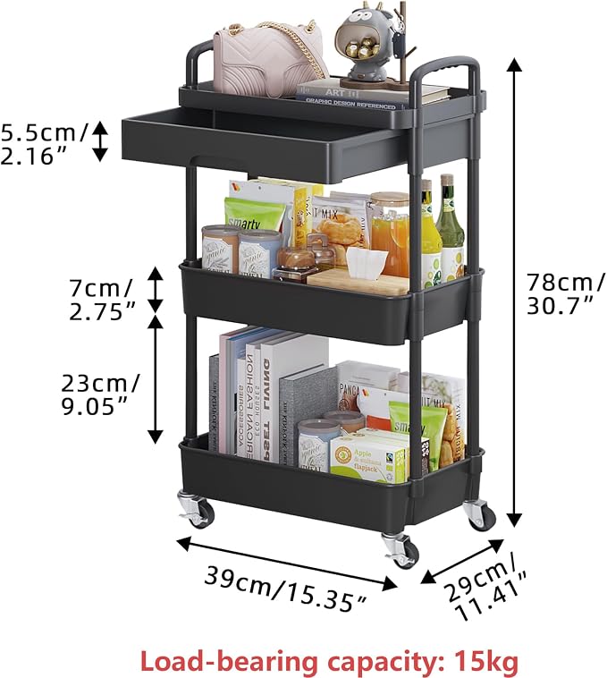 Calmootey 3-Tier Rolling Utility Cart with Drawer,Multifunctional Storage Organizer with Plastic Shelf & Metal Wheels,Storage Cart for Kitchen,Bathroom,Living Room,Office,Black | Space-Saving Organizer, Sturdy Plastic Shelves, Smooth-Rolling Metal Whee...