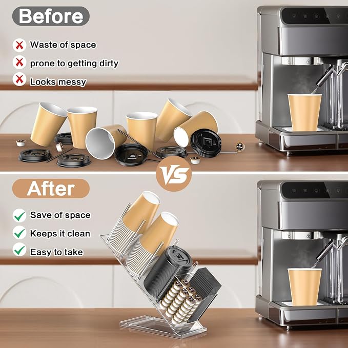 Acrylic Cup and Lid Holder with Straw Organizer, Adjustable Coffee Cup Holder Organizer, 5 Compartment Cup Dispenser for Disposable Paper & Plastic Cups, for Station Home Countertop(Patent in Effect)