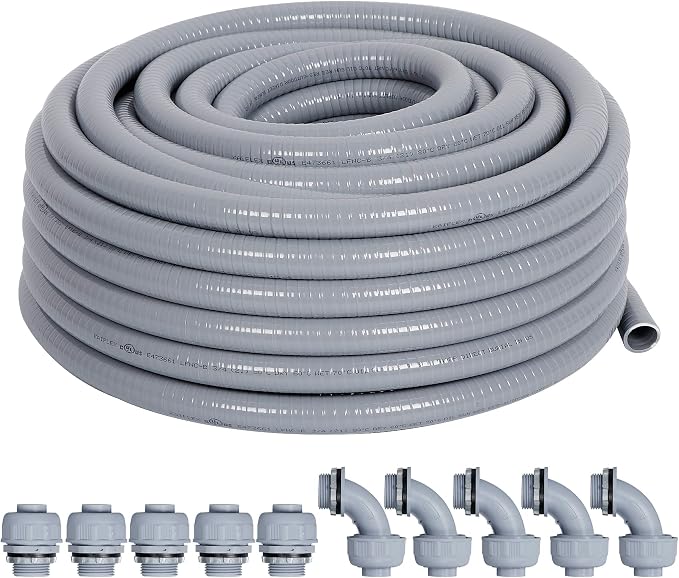 3/4 inch Flexible Liquid-Tight Conduit Kit 25ft, UL Listed | Non-Metallic Electrical Conduit w/5 Straight and 5 Angle Conduit Connector Fittings, Suitable for HVAC Pumps Outdoor Wiring
