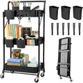 3 Tier Foldable Rolling Cart with Wheels, Folding Utility Cart Organizer, Collapsible Rolling Storage Cart with 3 Hanging Cups & 6 Hooks for Kitchen, Office, Nursery(Black)