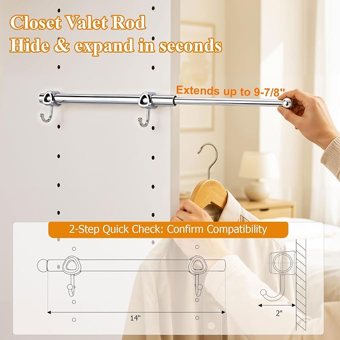 14" Valet Rod for Closets Pull Out, Closet Valet Rod Slide Out with 2 Hooks, Chrome