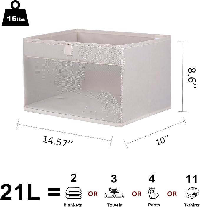 WUIKE 6-Pack Closet Storage Bins with Window, Beige Large | 14.57"L x 10"W x 8.6"H, Durable Fabric Baskets,Linen Closet Organizers and Storage for Clothes, Purses, and Blankets