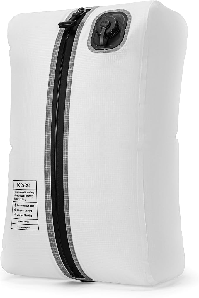 Reeyee Electric Vacuum Compression Bag, 20L Portable Travel Packing Cube with Built-in Pump, Type-C Rechargeable, Waterproof TPU, Saves 60% Space (1, White)