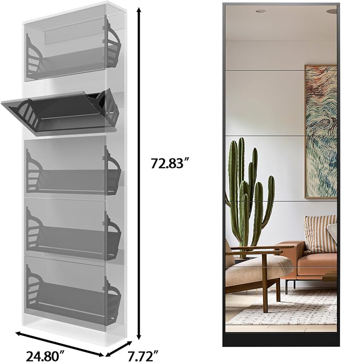 Mirrored Shoe Storage Cabinet with 5 Flip Drawers, 15 Pairs | Real Glass Mirror | Fits Men's Size 15 | Narrow Entryway Organizer | Space-Saving | Black
