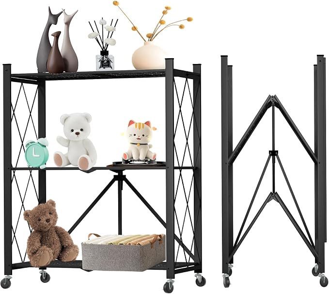 3 Tier Foldable Storage Shelf with Wheels, Heavy Duty Garage Shelving Unit Loads 550 LBS, Metal Steel Collapsible Shelves, Rolling Standing Utility Rack for Kitchen, Pantry, Office, Black