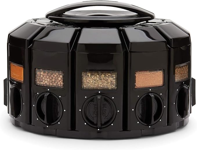 Kitchen Art Spice Rack Select-A-Spice Auto-Measure Carousel 12 Compartments Black 8.75 x 8.75 x 6 inches | 12 Spice Canisters | 55 Labels Included | Revolving Spice Rack | Each Jar Dispenses 1/4 Teaspoon With Each Twist | Mountable
