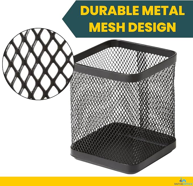 1InTheOffice Pen Cup Holder, Metal Mesh Pencil Cup Holder, Stackable Wire Mesh Regular Pencil Holder, Matte Black 2 Pack