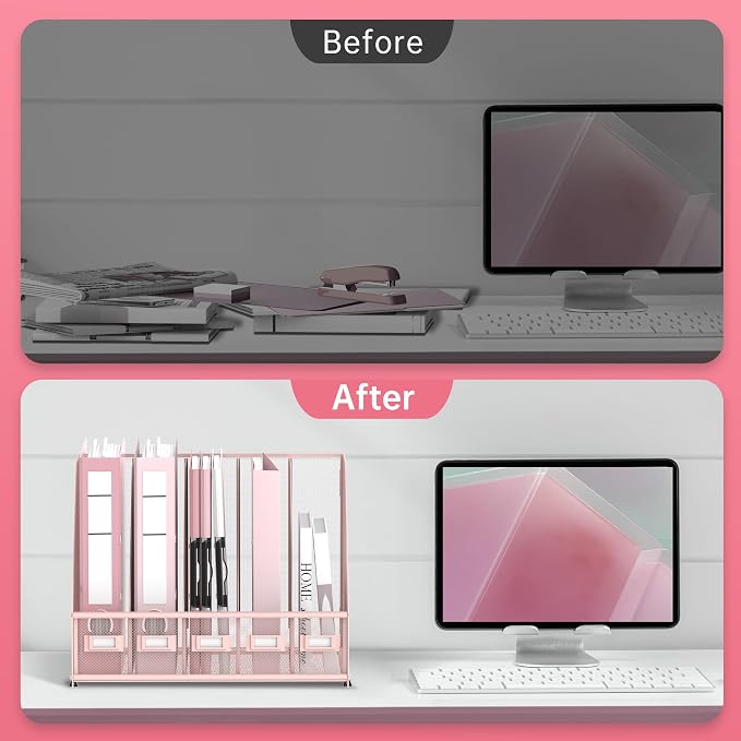 5 Vertical Compartments Magazine File Holder, Metal Binder Organizer, Pink | Space-Saving Desktop Storage, Built-In Label Holders, Anti-Slip Feet, Sized for Binders, Folders, Magazines and Files