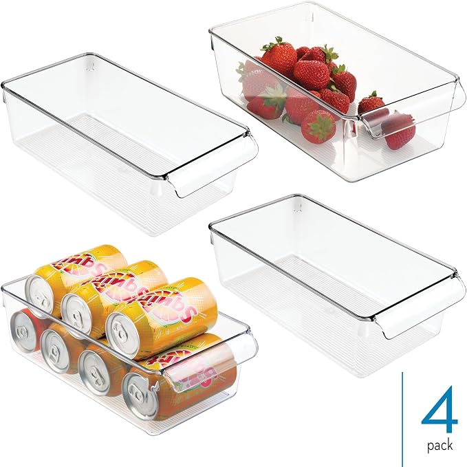 iDesign Fridge Storage Bin with Handle, Set of 4, Clear | Fridge Tray for Meats and Cheeses