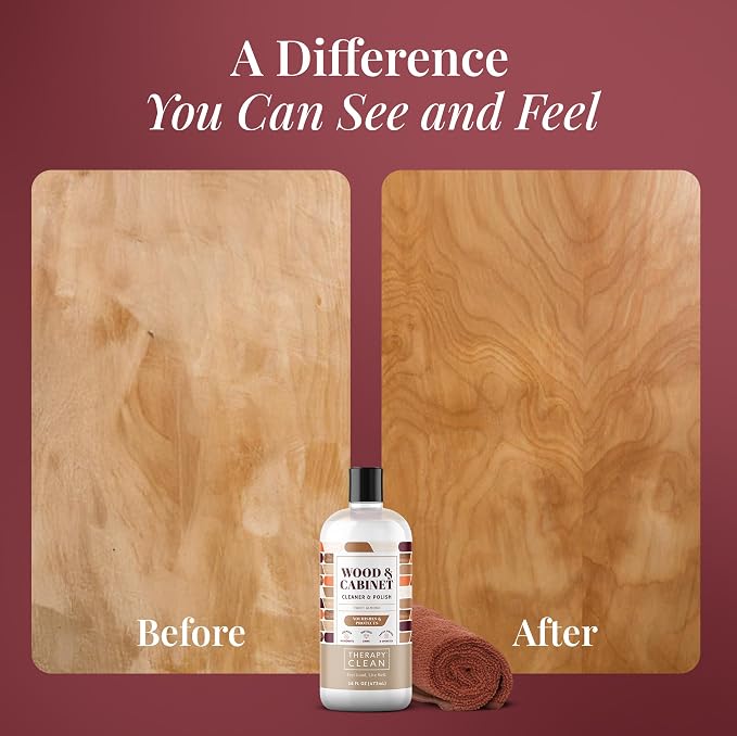 Therapy Wood Cleaner and Polish - Cabinet & Table Restorer (16 oz) | Includes microfiber cloth. Almond scent, natural conditioning formula. Restores wood cabinets, tables & furniture. 16oz