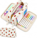 Sooez Big Capacity Pencil Case Pen Pouch, Soft Corduroy Pencil Bag with 3 Compartment, Multiple Pockets, Sturdy Zipper, Cute School Supplies Pen Bag Organizer For Teen Girls-Strawberry