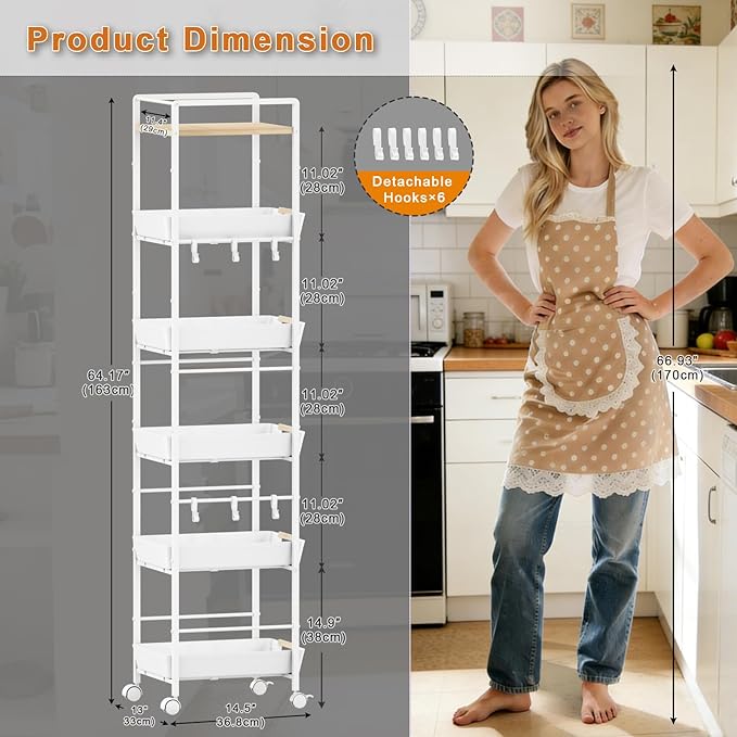 6-Tier Slim Rolling Storage Cart with Wheels, Metal Organizer Tall Rolling Cart, Wood Top Narrow Mobile Utility Cart with Pull-Out Baskets for Kitchen, Bathroom, Laundry Room, 13in(W) White