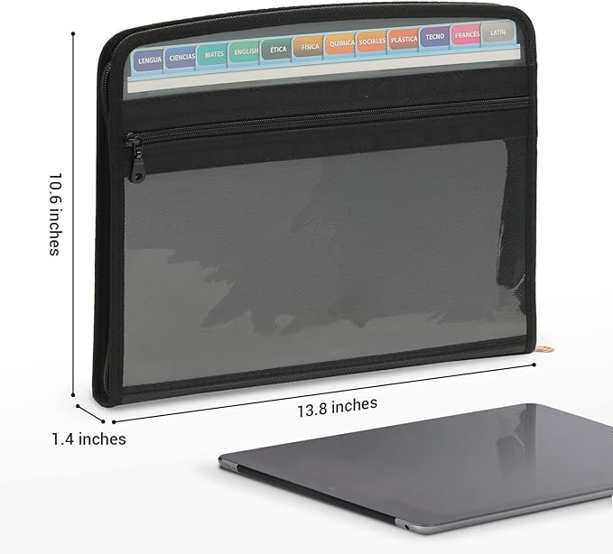 Mukawa 13 Pocket Expanding File Folder, Zippered Accordion File Organizer with Front Clear Pounch, Expandable Filing Folders for Documents, Papers Letter Size, Black