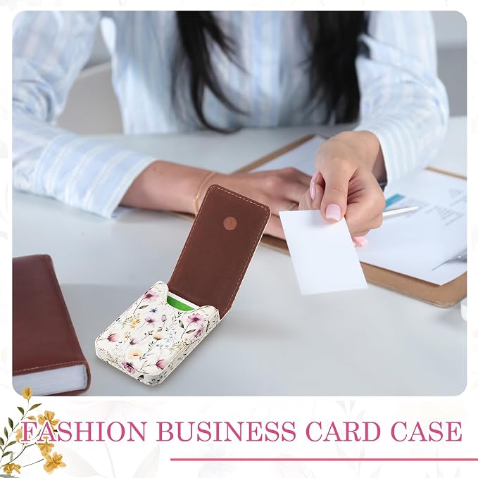 Outus 2 Pcs Business Card Holder, PU Leather Business Card Case Pocket Wallet with Magnetic Shut for Men Women(Pink and White,Floral)