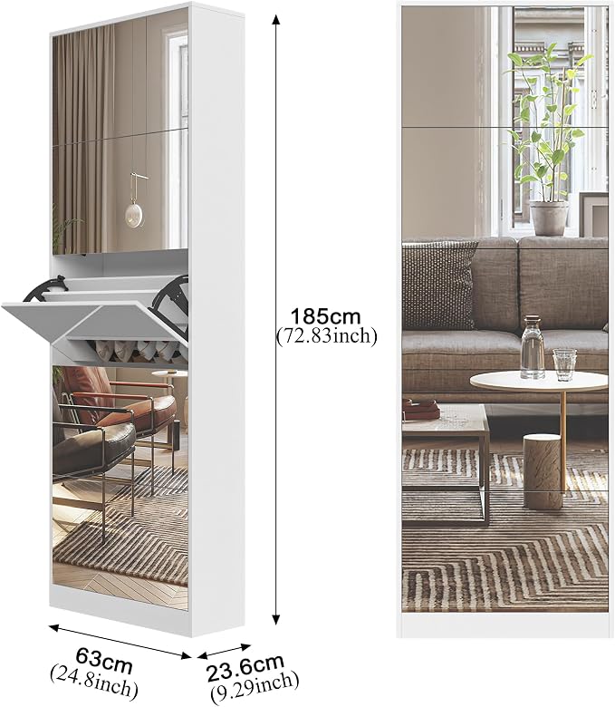 Mirrored Shoe Storage Cabinet with 5 Flip Drawers, 30 Pairs | Real Glass Mirror | Fits Men's Size 15 | Narrow Floor Standing | Entryway Organizer | Space-Saving | White