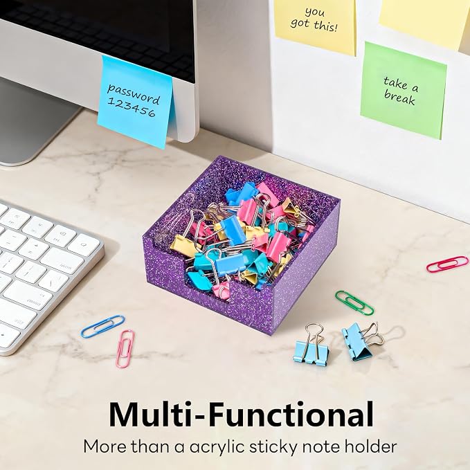 Acrylic Sticky Note Holder 4x4in Tray for Desk, Purple Glitter | Sparkling glitter acrylic tray, fits 3x3 sticky notes, compact organizer for office school and home