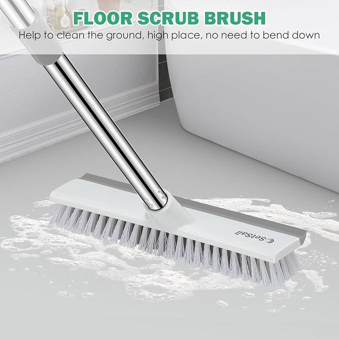 SetSail Upgraded Large Wide Floor Scrub Brush with 51-Inch Long Adjustable Handle 2 in 1 Scrape Brush Stiff Bristle Floor Scrubber for Cleaning Shower Bathroom Kitchen Wall Deck Tub Tile,Grey White