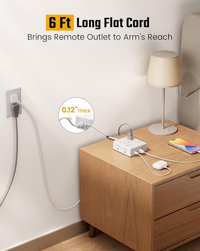 SUPERDANNY Extension Cord,Flat Plug Surge Protector Power Strip,6Ft | 8 AC & 4 USB Ports (2 USB C),Surge Protector with 1050J,Desk Charging Station for Home Office,College Dorm Room Essentials