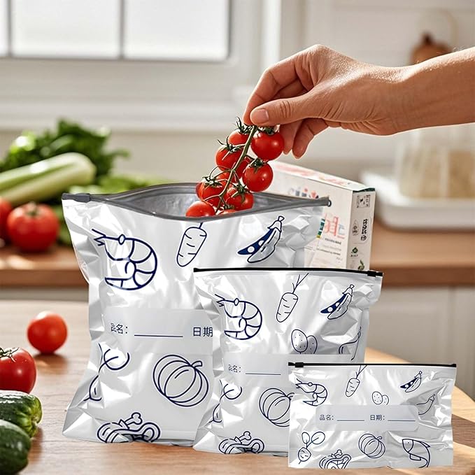 Reusable Aluminum Foil Sealable Storage Bags - Freezer Bags, Resealable Stand Up Pouches for Fresh Keeping, with Label, Zip Lock, Suitable for Vegetable, Fruit, Meat, and More,3 Size (30)