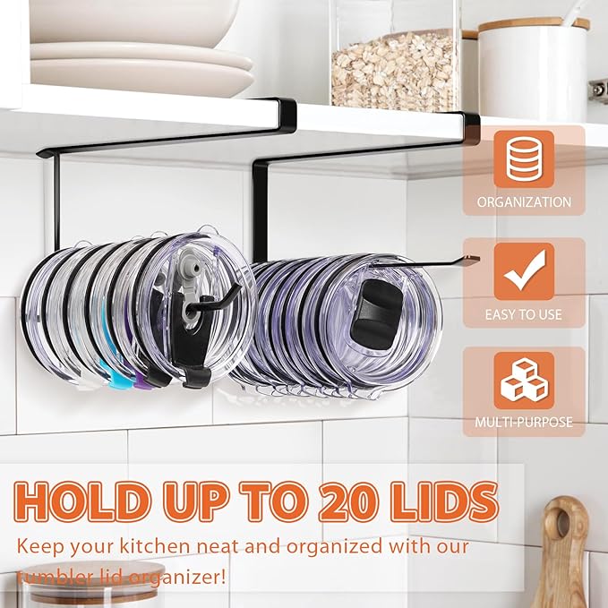 2 Pack Tumbler Lid Organizer, Versatile Storage Holds 20 Lids, Round&Flat | Space Saving Cup Lid Organizers Inside Cabinet Tumbler Lid Hook for Pantry Kitchen Organizer, Paper Towel Rack Hanger, Black