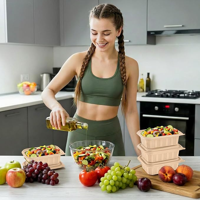 50 Pack (100 Piece) Food Containers with Lids, 22oz Meal Prep Containers Reusable Plant-based Cornstarch Lunch Box BPA Free Small Disposable Take Out Togo Boxes for Salad Microwave & Freezer Safe