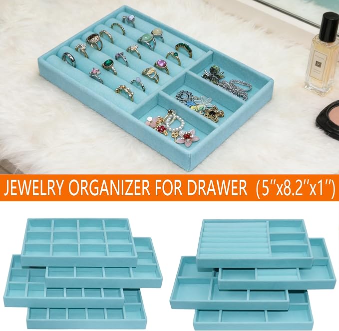 Jewelry Organizer Tray Set of 8, Stackable Velvet Jewelry Trays with Removable Dividers, Drawer Inserts Earring Organizer for Women, Jewelry Storage Display Case for Rings Necklaces Bracelets, Blue