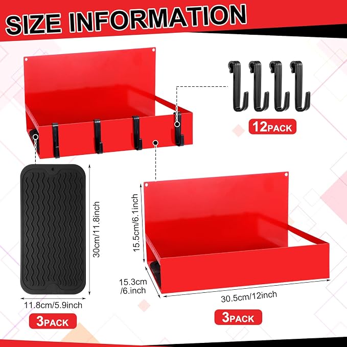 Lineshading 3 Pack Magnetic Garage Organizer Spice Rack for Refrigerator - 20 lb Capacity Shelf Hanging Heavy Duty Fridge Side for Organize Garage Tools, Red