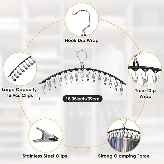 Upgrade Skirt Pants Hangers with Clips, Metal Legging Organizer for Closet with 15 Cilps Holds 90 Leggings/Shorts/Jeans/Skirts Pants Hangers Space Saving Closet Organizers and Storage, Black 6Pack