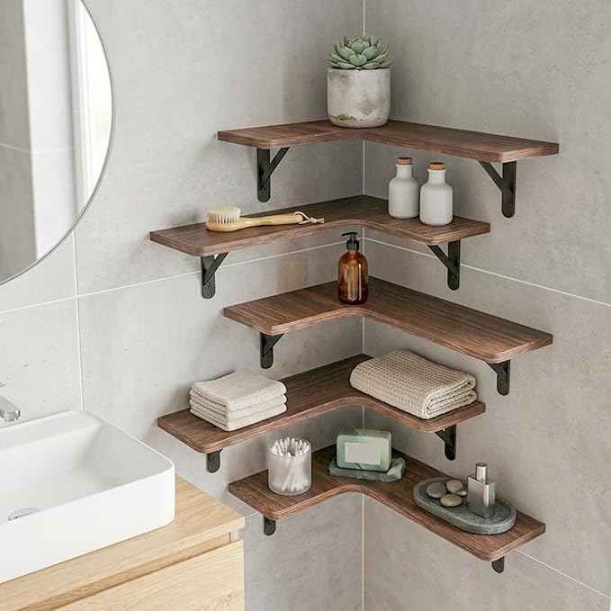 Fixwal Corner Floating Shelves for Wall Set of 5, Rustic Wood Wall Mounted Shelf for Bathroom, Kitchen, Bedroom, Home Decor, Laundry Room, Living Room (Dark Carbonized Black)