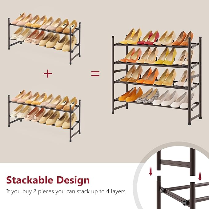 Tajsoon Expandable Shoe Rack for Closet 2 Tier, 28“-41“Stackable, Bronze | Adjustable Shoe Organizer Closet Shoe Rack Floor, Metal Small Shoe Shelf Storage for Entryway, Garage, Front Door Entrance