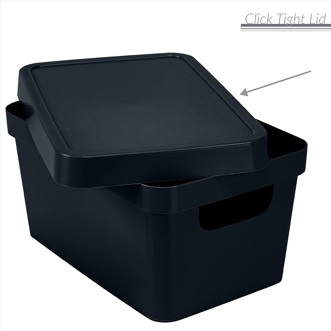 Simplify Small Vinto Storage Box | Click Tight Lid | Dimensions: 9.76" x 6.69" x 4.84" | Stackable | Home Organization | 2 Handles | Black Charcoal, 1 Count (Pack of 1)