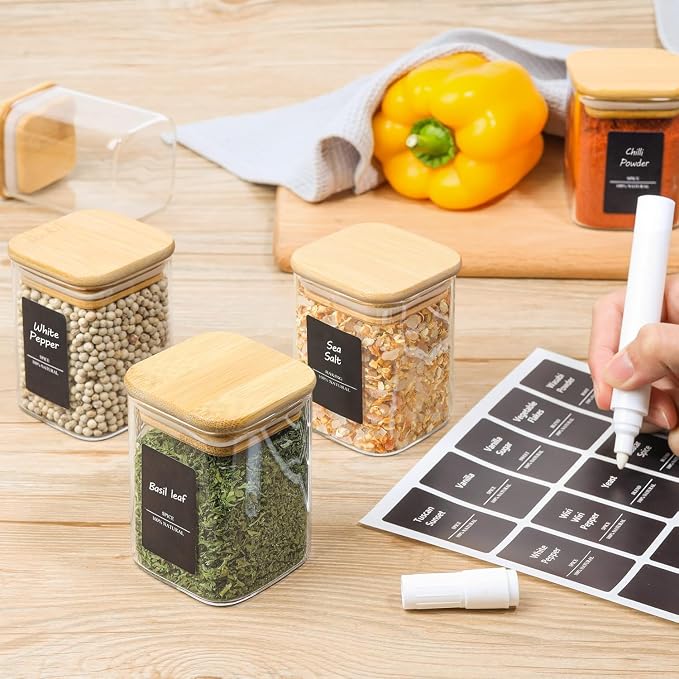 ComSaf Glass Spice Jars with Labels 6 oz 6 Pack Small Square Bamboo Lids | Empty Containers, Seasoning Herbs Powders, Salt Pepper Chili, Kitchen Cabinet Storage Starter Set, Dry Goods