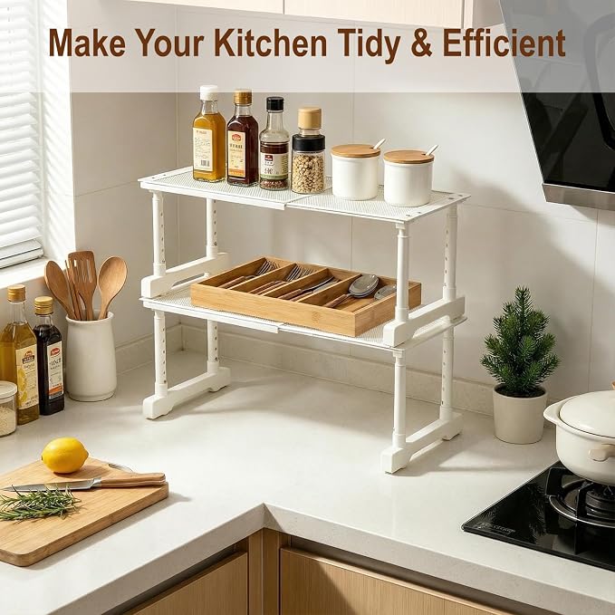 Expandable Cabinet Organizer Shelf, Adjustable Height Under Sink Storage Organizer, Shelf Riser for Kitchen, Bathroom, Wardrobe, Under Sink Counter(Beige) (1)