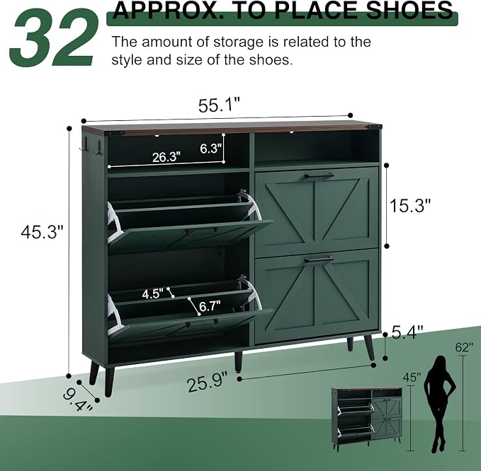 Barnyatoh Shoe Storage Cabinet,Farmhouse Shoes Organizer with 4 Flip Drawers & Barn Door Design,Freestanding Hidden Slim Narrow Shoe Rack Cabinet with Open Storage for Entryway, Foyer,Hallway,Green