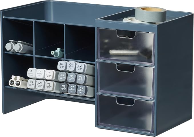 Blue Ginkgo Hive Stack Desk Organizer – Stackable Pen Holder, Stationary Organizer with Drawers - Office Storage, School Supplies, Makeup (Made in Korea, Blue Transperent)