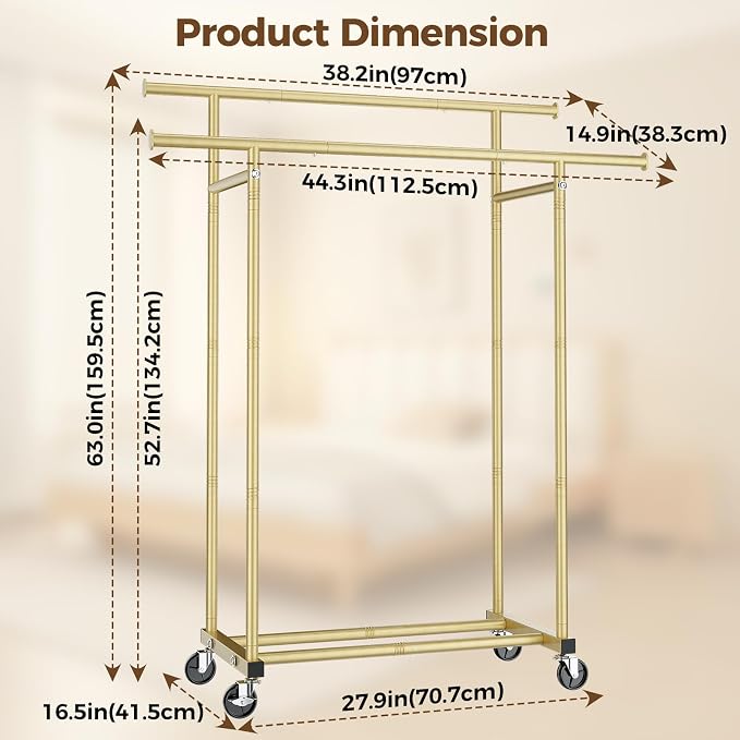 HYSEYY Double Rods Clothes Rack, Sturdy Rolling Clothing Rack, Portable Clothing Racks for Hanging Clothes - Metal Garment Rack Wardrobe Coat Rack for Bedroom Laundry Living Room, Light Gold