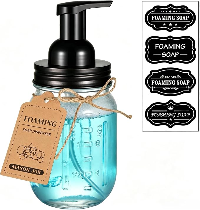 SheeChung Mason Jar Foaming Soap Dispenser-Rustproof Stainless Steel Lid & Foaming Soap Pump, Refill Foam Hand Soap Dispenser Glass for Bathroom Kitchen Vanities, Countertops-Black (1 pk)