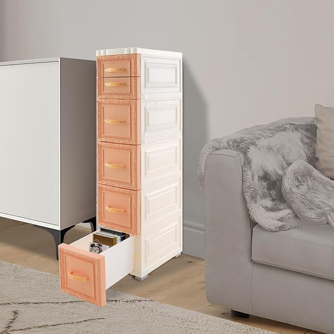 Storage Cabinet, 6 Drawers Narrow Plastic Organizer Cabinet with Wheels, Vertical Drawer Storage Unit, Mobile Slim Utility Furniture for Office, Living Room, Bedroom, Garage (Khaki)
