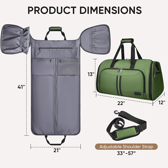 BALEINE Travel Garment Bag, Travel Suit Bag for Men, Water Resistant Carry on Garment Bag for Hanging Clothes, Garment Duffel Bag for Travel Business (Green-Convertible)