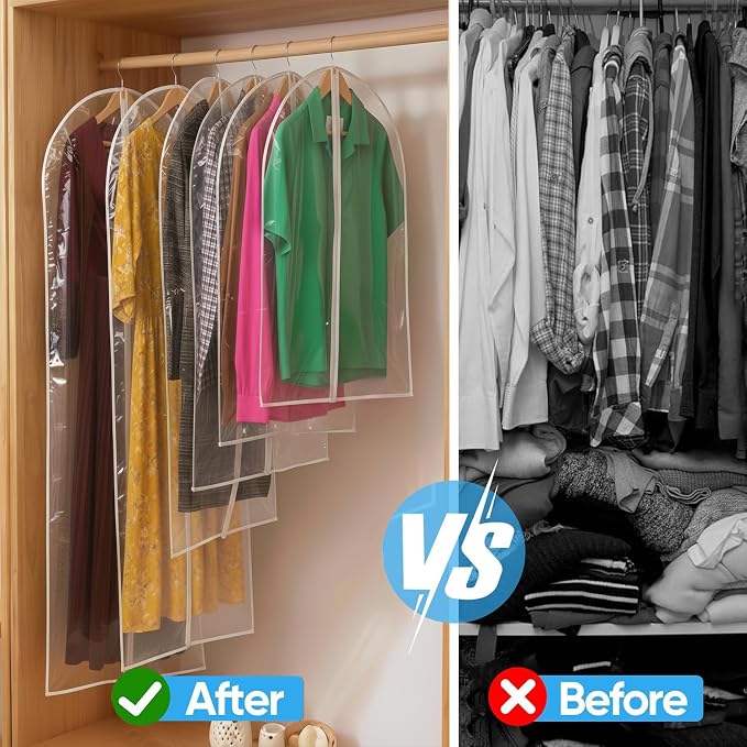 60” All Clear Garment Bags for Travel - PEVA Waterproof Suit Cover with Zipper for Hanging Clothes, long Gowns - Durable Dresser for Closet Storage, Dustproof & Moisture Resistant - 60”/12 Pack