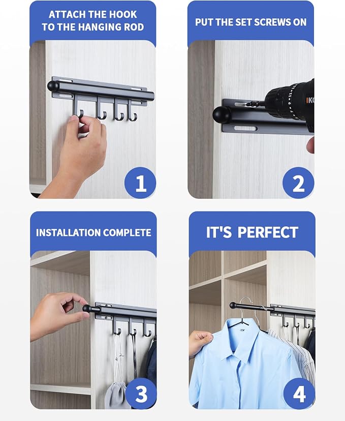 BaiNong Valet Rod for Closets Pull Out 12" Black with 4 Hooks | Closet Valet Rod Slide Out for Closets, Laundry Rooms, RVs Space-Saving