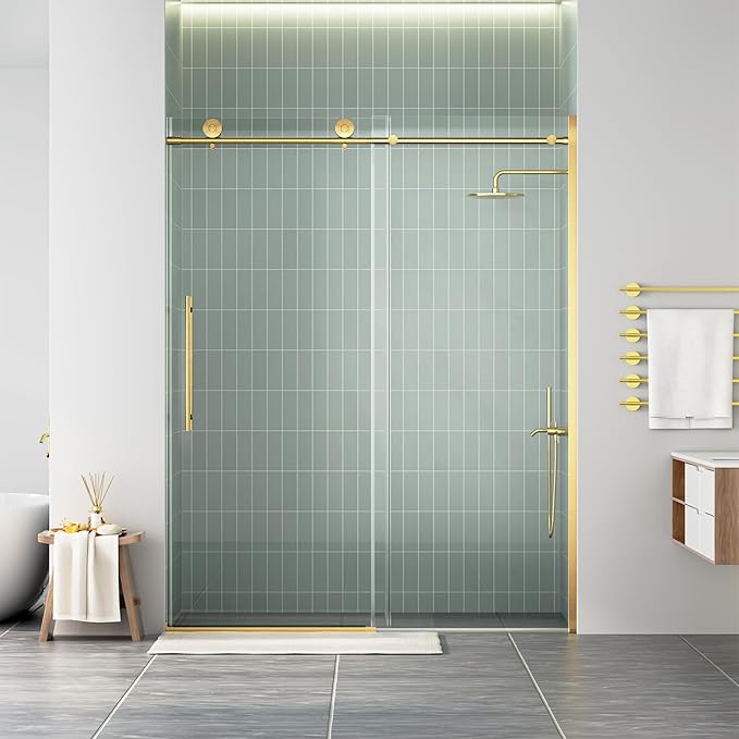 WinZo Frameless Shower Door 56-60 in W x 75 in H, Sliding Shower Door with 5/16"(8mm) Clear Tempered Glass Shower Doors, Easy to Clean Bathroom, Silent Soft-Close Design, Brushed Gold