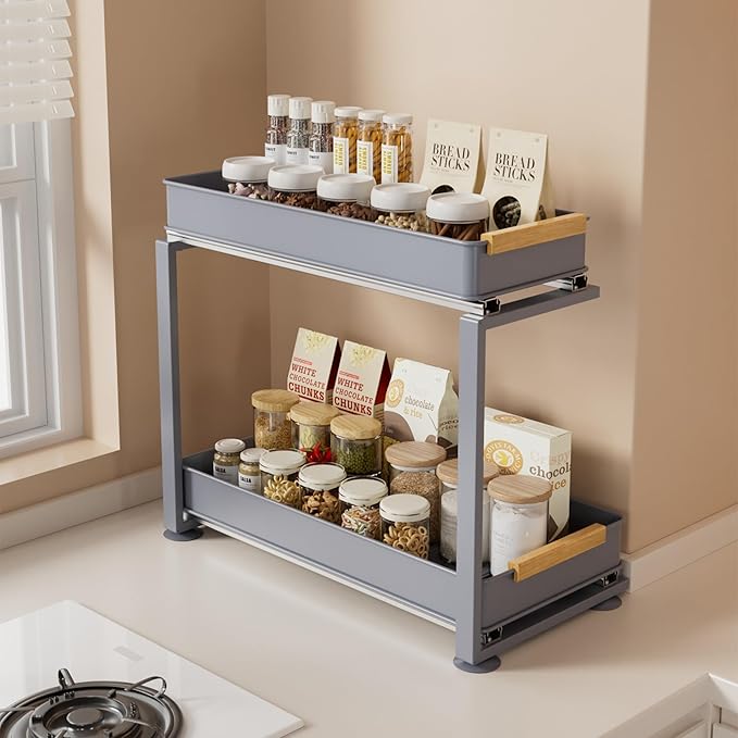 Pull Out Under Sink Organizer, 2 Tier Slide Out Drawer for Kitchen, Bathroom and Cabinet Storage, Steel, Gray