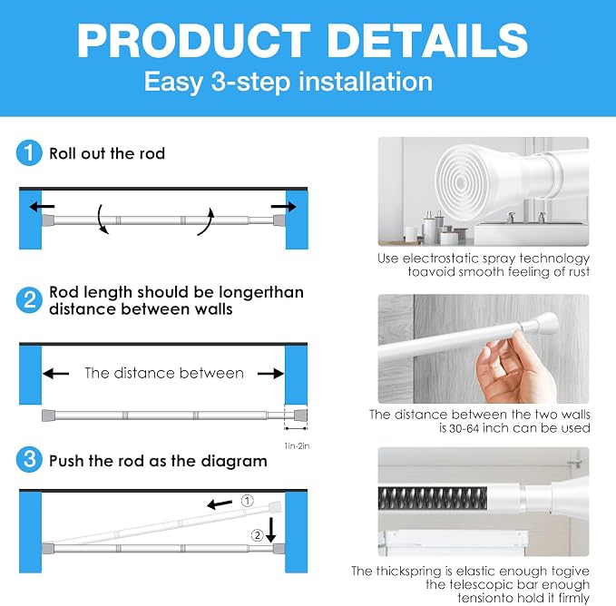 1 Pack Spring Tension Rods 30-64IN, 7/8 Inch Diameter White No Drill Spring Loaded Adjustable Extendable, Small Short Tension Curtain Rod for Windows Kitchen Doorway Closet Cupboard
