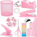 JIZHIYUAN Pink Desk Accessories Set - 16 Pcs Pink Office Supplies with Stapler, Tape Dispenser, Pen Holder, Staple Remover, Hole Punch, Practical Aesthetics Desk Sets for Office, Home, School Women