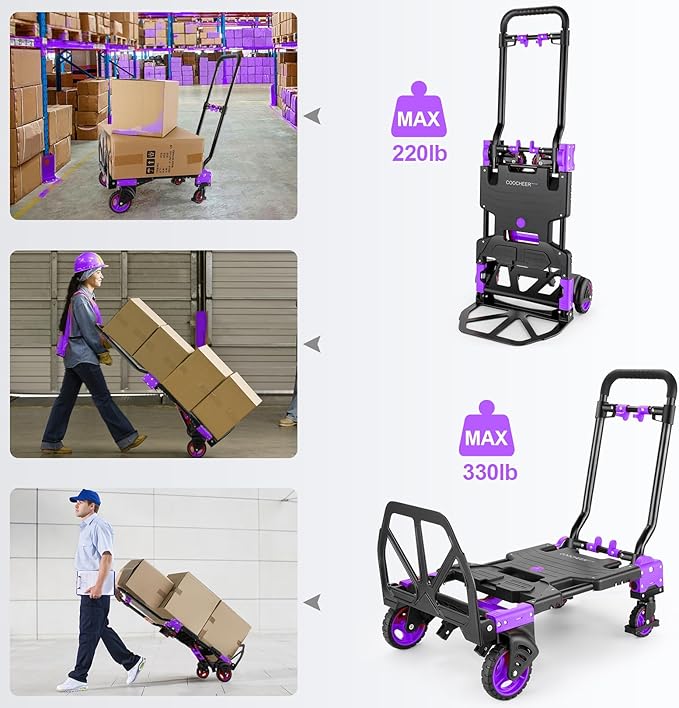 330LB Folding Hand Truck Heavy Duty Carrying, Combination of Four Wheels and Two Wheels Convertible Dolly Cart with Retractable Handle Dolly for Moving Office Carts(Purple)