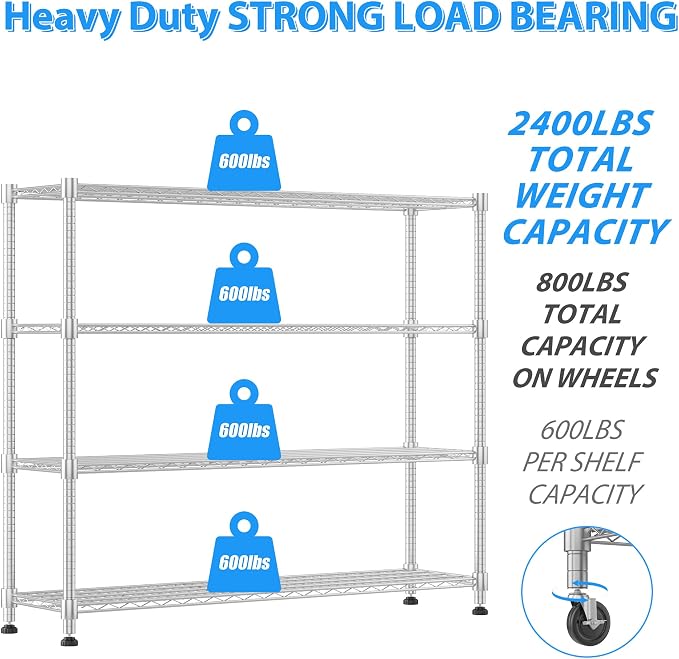 Homdox 4 Tier Heavy Duty Metal Wire Shelving with Wheels, 2400 lbs Capacity Garage Storage Rack, Rolling Industrial Storage, Adjustable Commercial Shelves for Kitchen, Warehouse, 18"x60"x72", Chrome