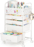4 Drawer Rolling Storage Cart with Pegboard Top and Hooks, Mobile Organizer Cart with Wheels for Office Supplies, Craft Storage, Classroom Organization, Home Utility Cart, White